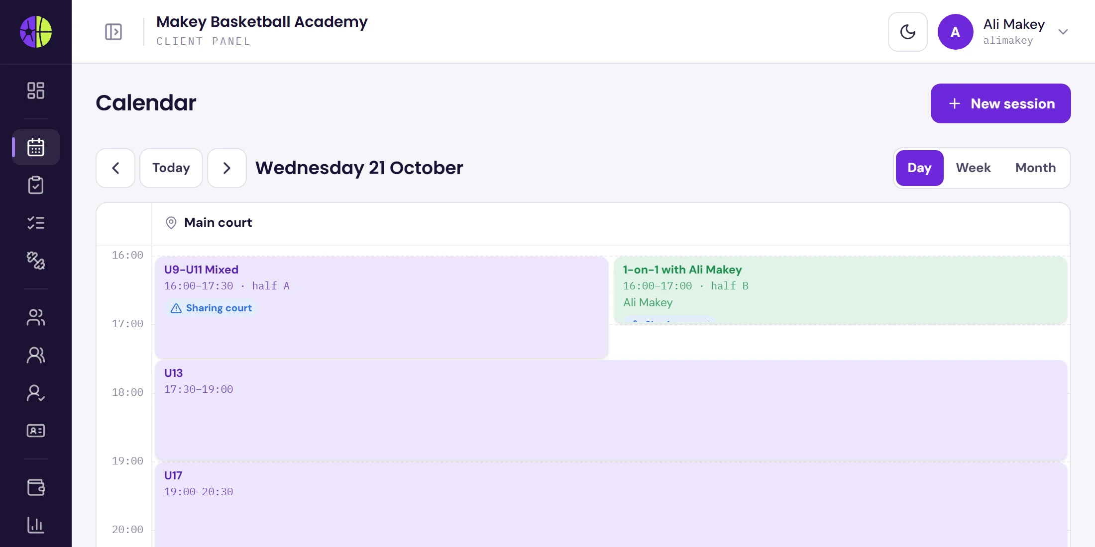 Day calendar: two sessions share the main court, one on each half